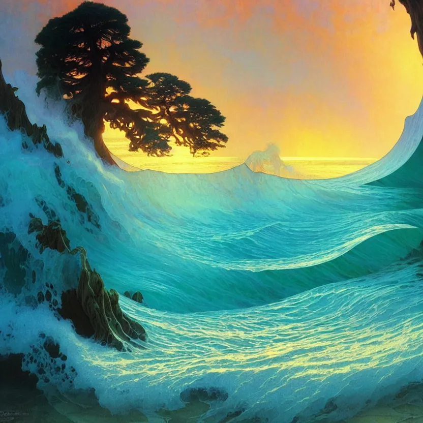 Prompt: ocean wave around ancient sequoia tree, lsd water, dmt ripples, backlit, sunset, refracted lighting, art by collier, albert aublet, krenz cushart, artem demura, alphonse mucha