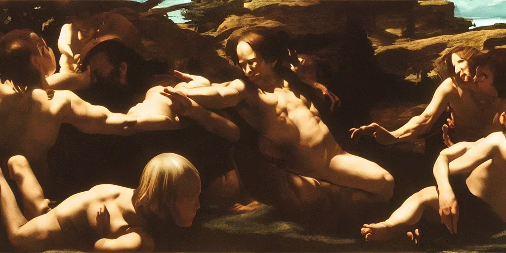 Prompt: Concept Art of cinematography of Terrence Malick film by Michelangelo da Caravaggio