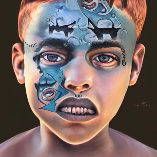 Prompt: a detailed portrait of a boy with a face tattoo in the desert, fantasy art illustration, incredibly highly detailed and realistic, 8 k, sharp focus