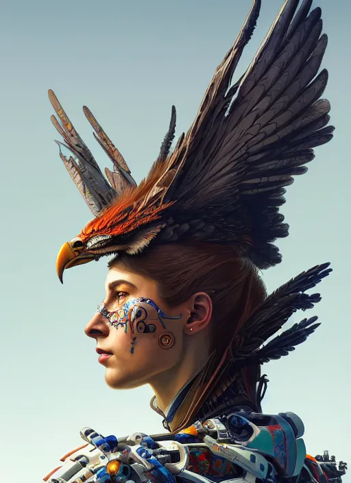 Image similar to side profile! portrait of a hybrid robot eagle, floral! horizon zero dawn machine, intricate, elegant, highly detailed, ray tracing, digital painting, artstation, concept art, smooth, sharp focus, illustration, art by artgerm and greg rutkowski and alphonse mucha, 8 k