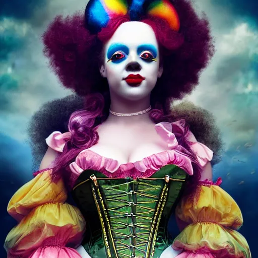 Image similar to photorealistic soft paint of a curiosities carnival, single young beautiful shy curvy dollpunk clown in a full steampunk corset, very long snakes hairs, symmetry accurate features, ominous depths, elegance, focus, rainbow lighting, very high details, award winning masterpiece, behance, by tom bagshaw