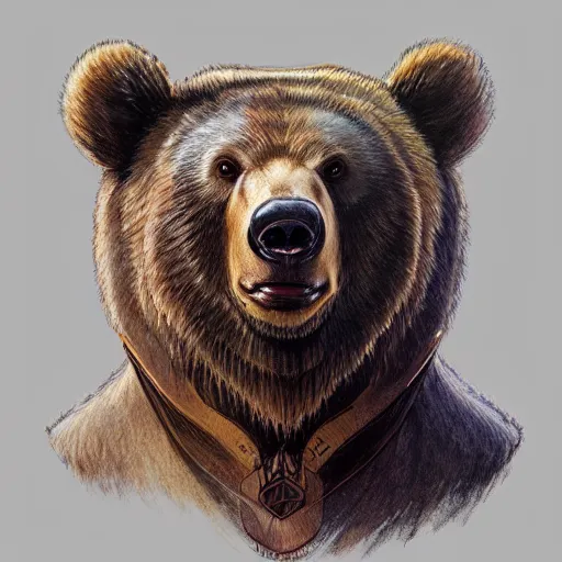 Image similar to realistic bear holding a wooden triangle combined with guitar neck, realistic portrait, symmetrical, highly detailed, digital painting, artstation, concept art, smooth, sharp focus, illustration, cinematic lighting, art by artgerm and greg rutkowski and alphonse mucha