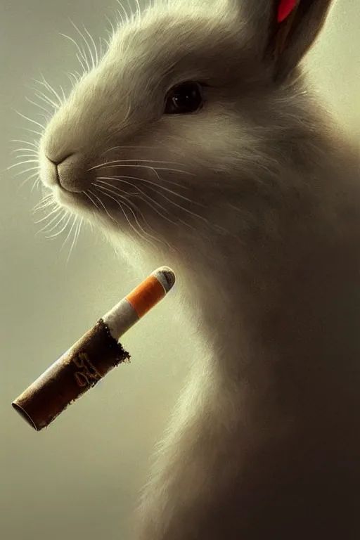 Prompt: bunny with black spots on nose and face, realistic and ultra intricate detailed soft painting, volumetric lighting, mist, cityscape background, Artstation, Tom Bagshaw Yasushi Nirasawa Moebius artstyle, unreal render, depth of field smoking a cigarette, wearing sunglasses,