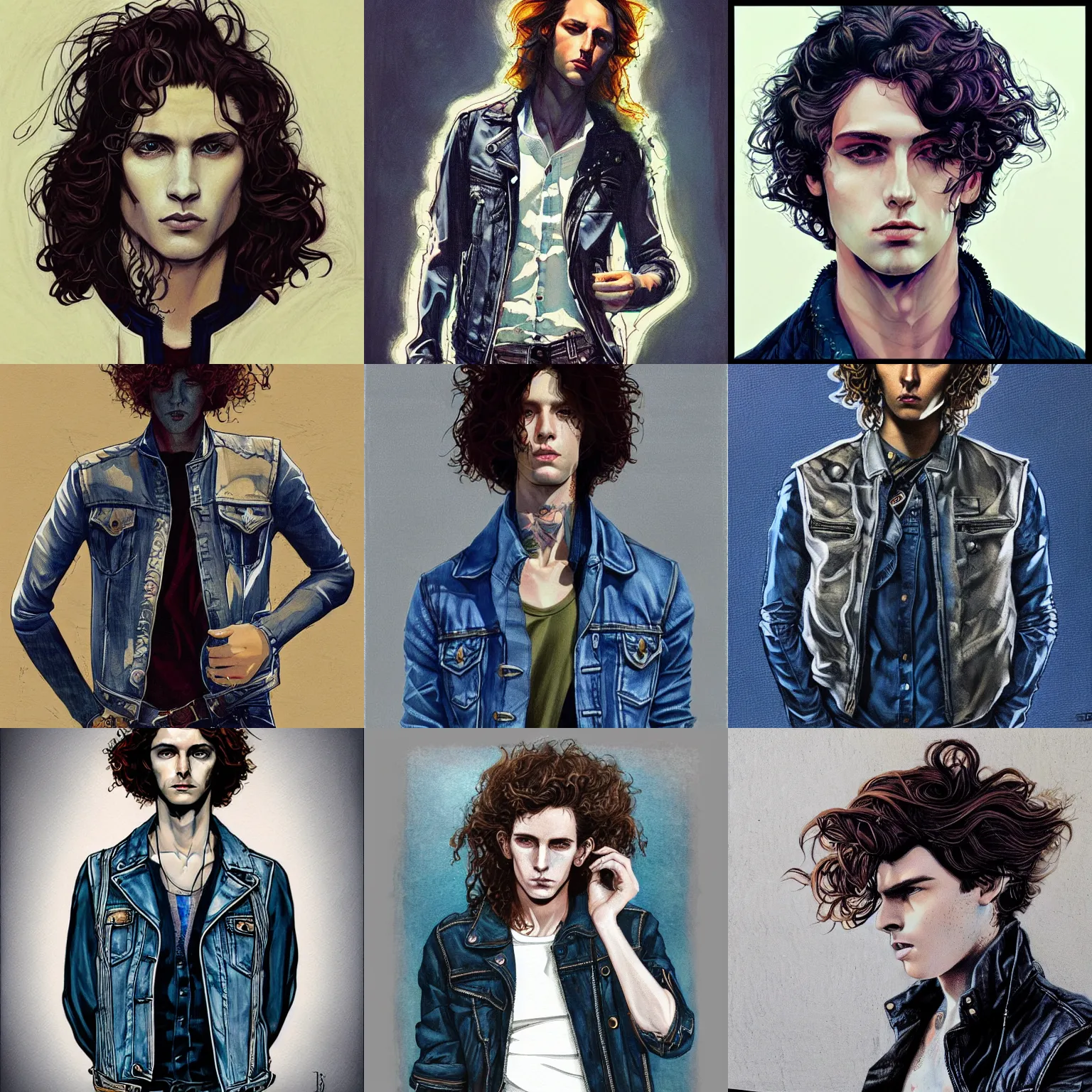 Prompt: in the style of Joshua Middleton art, beautiful young punk rock man with pretty eyes, long curly brown hair, denim vest over leather jacket, symmetrical face, concept art painting