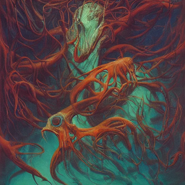 Image similar to Hyperrealistic intensely colored studio Photograph portrait of a deep sea bioluminescent Vampire Squid deep underwater in darkness long exposure, award-winning nature deep sea expressionistic impasto heavy brushstrokes oil painting by Audubon and Zdzisław Beksiński vivid colors hyperrealism 8k