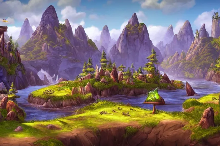 Prompt: world of warcraft plateau environment , trees and a huge stage in the center and birds flying, rocky mountains and a river, birds flying, in the air,beautiful, concept