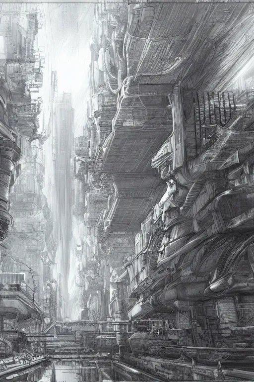 Prompt: daily deviation industrial sketch of scifi city, trending on artstation, charcoal, cgsociety, masterpiece architectural sketch, knights of sidonia city