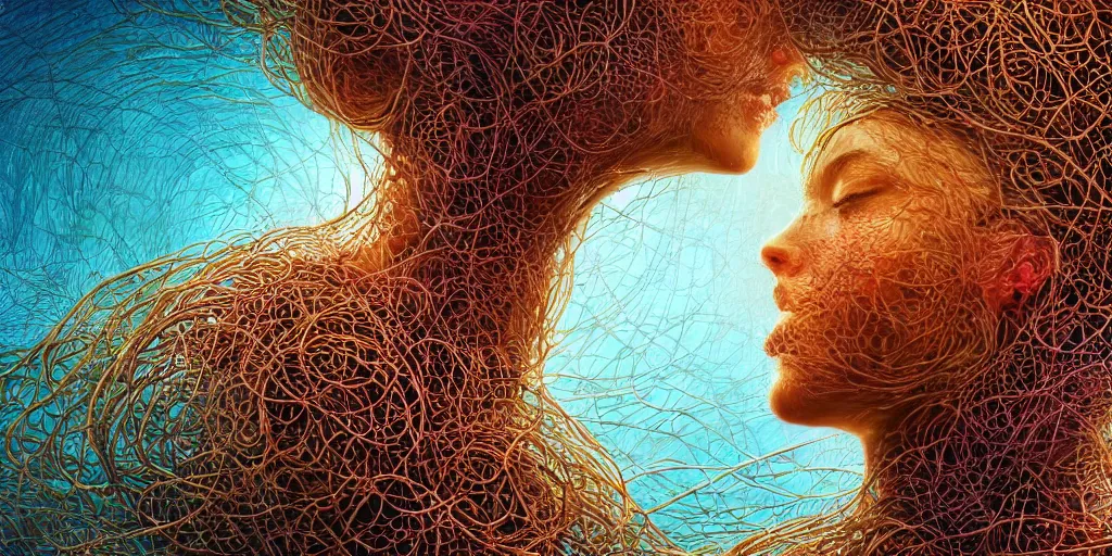 Prompt: closeup photo of 2 interconnected human bodies, 1 female, 1 male, connected by chaotic swirling vines made out of flowers, suspended underwater, by peter gric, artgerm, greg rutkowski, smooth gradients, vibrant colors, high contrast, artstation, golden hour, sunrays, cinematic, octane render, 4 k, uhd, hdr