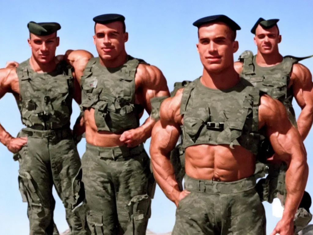 Prompt: vintage 90s VHS video still of muscular males promoting military aircrafts, realistic photo