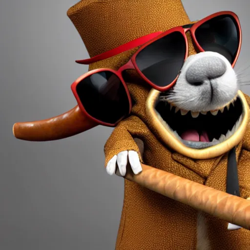 Prompt: anthropomorphic gangster rat with a large cigar in its mouth, wearing a fur coat, wearing sunglasses and a hat, long fur, detailed, 3d render, 4k, pixar