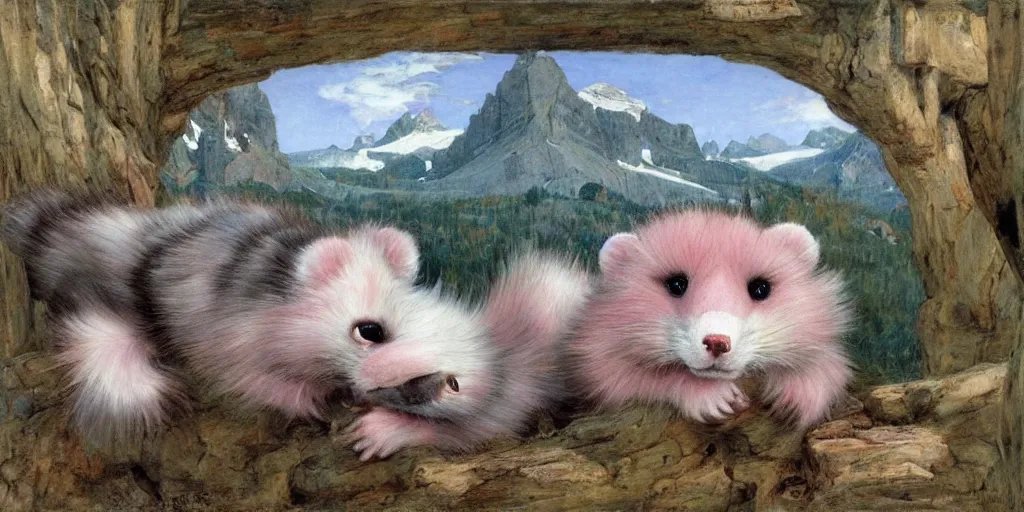 Prompt: 3 d precious moments plush weasel with realistic fur and an blue / white / gray / green / pink / tan / mid pink / blue gray color scheme, snowy mountain landscape, master painter and art style of john william waterhouse and caspar david friedrich and philipp otto runge