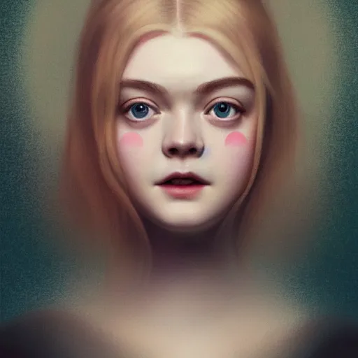 Image similar to professional painting of Elle Fanning in the style of Hsiao-Ron Cheng, head and shoulders portrait, symmetrical facial features, smooth, sharp focus, illustration, intricate, stormy weather, extremely detailed masterpiece,