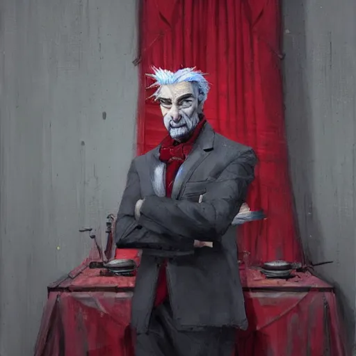 Image similar to portrait of a puppet master, grey hair and a tuxedo, harsh good looking face, middle aged, surrounded by red curtains, drawn by Ruan Jia, disco elysium style, highly detailed