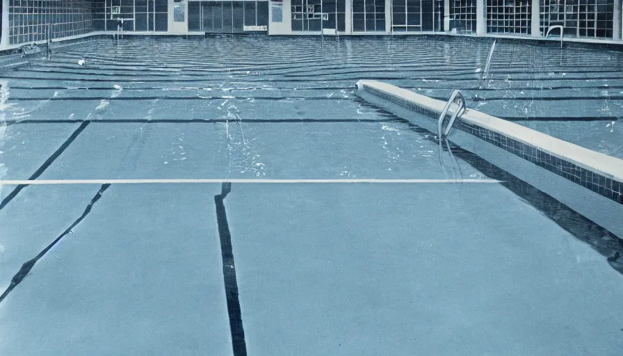 Image similar to 1 9 6 0 s movie still of an empty blue and yellow tiles municipal swimmingpool, security cam footage, liminal space style