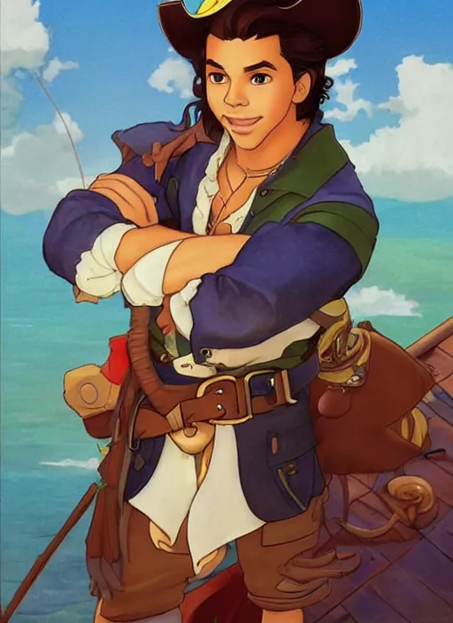 Prompt: cute jake t. austin as a pirate captain. parrot on his shoulder, natural lighting, path traced, highly detailed, high quality, digital painting, by don bluth and ross tran and studio ghibli and alphonse mucha, artgerm