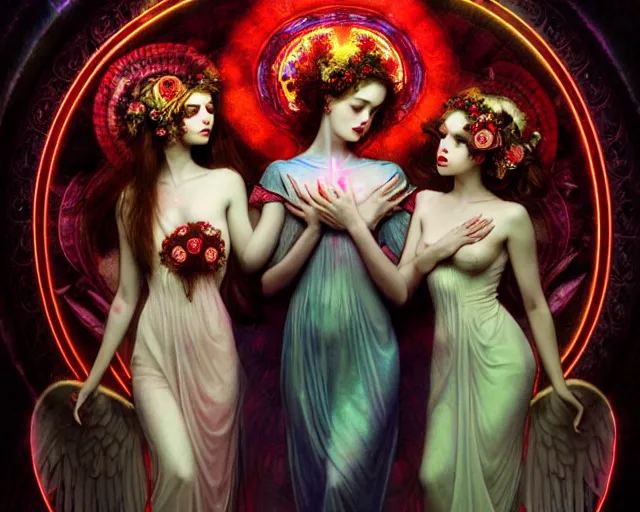 Image similar to three stunning goddesses with beautiful angelic faces, wearing psychedelic wicca, in wedding dresses, red neon roses, full body, dark and mysterious, atmospheric, ominous, eerie, cinematic light, epic, 8 k 3 d, ultra detail, ultra realistic, by wlop, by mucha, by giger