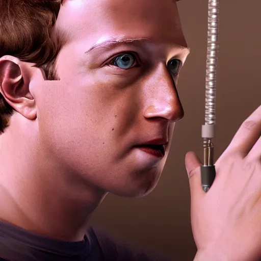 Image similar to Mark Zuckerberg revealing his very detailed and complex cybernetic enhancements faceplate lifting from his,arms revealing cables and metal frame ,raytracing, very detailed, 4k, cinematic lighting,