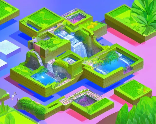 Prompt: Hidden gardens in 4th dimension, isometric, impossible architecture, waterfalls, relaxing, pastel colors