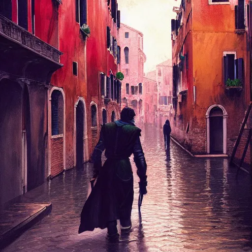 Image similar to A man walking through Venice Italy during the Great Renaissance in a cyberpunk universe, futuristic, sci-fi, highly detailed, digital painting, trending on artstation, 8k by Syd Mead