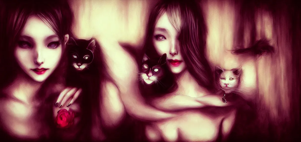 Image similar to portrait of a stylish vampire woman in her loft smiling at her cat, by yoshitaka amano, casey baugh, and artgerm rendered with 3 d effect.