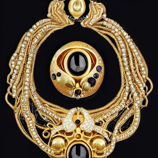 Prompt: an ornate necklace made of gold and onyx and gemstones, designed by hr giger and georgia okeeffe