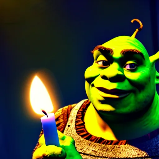 Image similar to shrek holding a candle ultra realistic, lens flare, atmosphere, glow, detailed, intricate, full of colour, cinematic lighting, trending on artstation, 4 k, hyperrealistic, focused, extreme details, unreal engine 5, cinematic, masterpiece, ultra realistic, hyper realistic, highly detailed, sharp focus, digital art