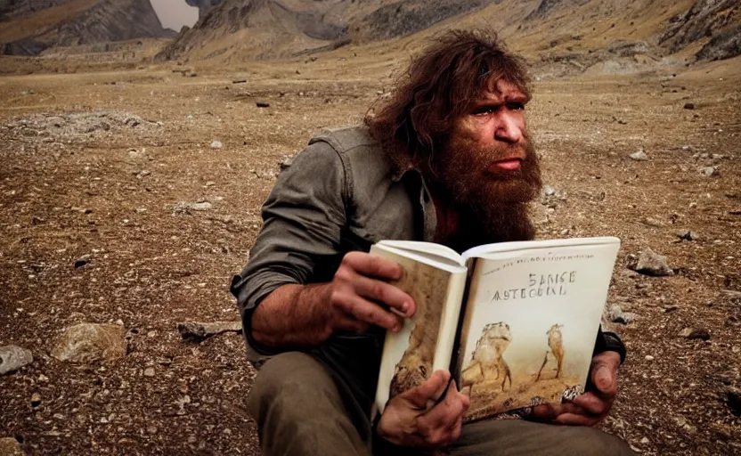 Prompt: a portrait of neanderthal read science book about him in middle of nowhere, perfect dynamic posture, dust, cinematic, perfect dynamic pose, pinterest, very perfect position, award winning photo by national geographic, bokeh