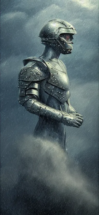 Prompt: suit of armor made of water, water armor, norway fjord, medium close up portrait, hudson river school, max rive, water armor, studio lighting, stormy seas, beautiful, bokeh, snowy, storm clouds, god rays, d & d, fantasy, elegant, low key color palette, concept art, roger deakins and greg rutkowski and alphonse mucha