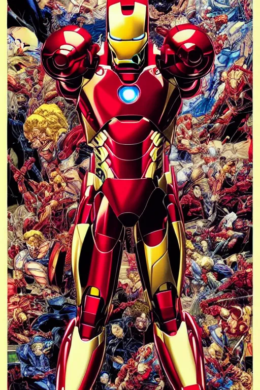 Image similar to poster of iron man, by yoichi hatakenaka, masamune shirow, josan gonzales and dan mumford, ayami kojima, takato yamamoto, barclay shaw, karol bak, yukito kishiro