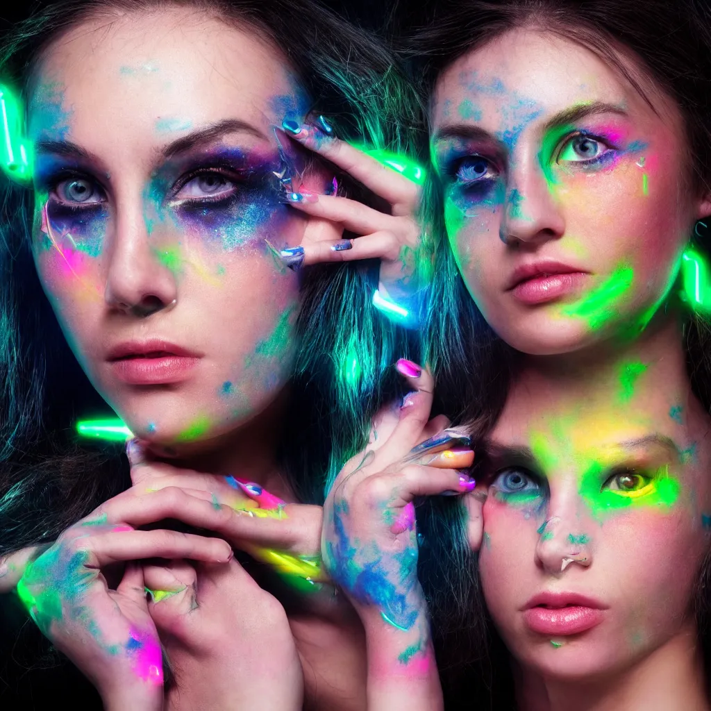 Image similar to a beautiful cyborg woman with fluorescent tatoos on the face, multicolor studio lights.