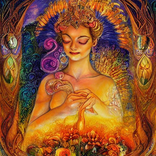 Prompt: goddess by josephine wall, checking her phone, sitting on flying golden ram, erupting volcano in distance, flowers in foreground, sunset, stars in sky, fantasy