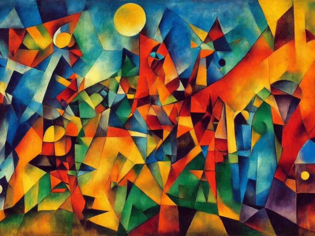 Prompt: bright dramatic lighting colorful surrealist oil painting titled'now we will all be sisters of the fossil blood of the moon ', magical realism symbolist, ruined city landscape with hybrid animal protagonist, painted by franz marc and paul klee, shocking detail trending on artstation 8 k