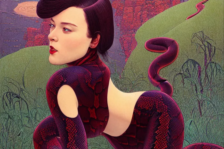 Prompt: girl with long black hair in burgundy python snake skin bodysuit at sun hills biome. highly detailed, digital painting, watercolor, soviet realism, engraving, artstation, concept art, smooth, sharp focus, vivid grunge, illustration, unreal engine 5, 8 k, art by bilibin and kilian eng and kuvshinov and malevich and mucha