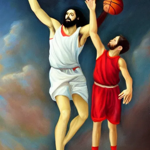 Prompt: Jesus playing basketball in oil painting