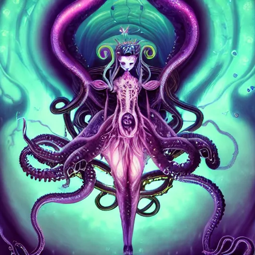Prompt: A full shot of a dark fairy from the Abyss covered in opal. Symmetrical. Underwater. Lit from above. Dark foreboding Atmosphere. Sailor Moon. Tentacles. Kawaii. Neon glow. By Lisa Frank and HR Giger and Ross Tran. Key Art. Fantasy Illustration. award winning, Artstation, intricate details, realistic, Hyperdetailed, 8k resolution. Photoreal. Octane Render.