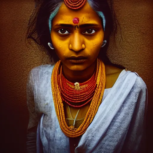 Image similar to realistic expired fuji film portrait of strange india woman mix, marigold celestial vibe, hyperrealism, hypermaxiymalism, photorealistic, detailed, atmospheric, 8 k, award winning photography, cinematic