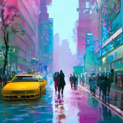 Image similar to acrylic painting, impressionism and expressionism, strong emotional impact, bold pastel colors, spring day, expressive brushstrokes, puddles, an art deco streetscape lined with beautiful flowers, by liam wong and tyler edlin, trending on artstation