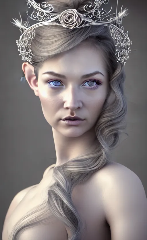 Prompt: complex 3 d render, ultra detailed, realistic headshot portrait of a beautiful porcelain skin woman, face, wispy, wavy hair worn tied back in a messy bun, wearing filigree silver elven circlet, white dress, detailed eyes, round catchlights, flowers in hair, mauve lips, 8 5 mm lens, beautiful, studio portrait,
