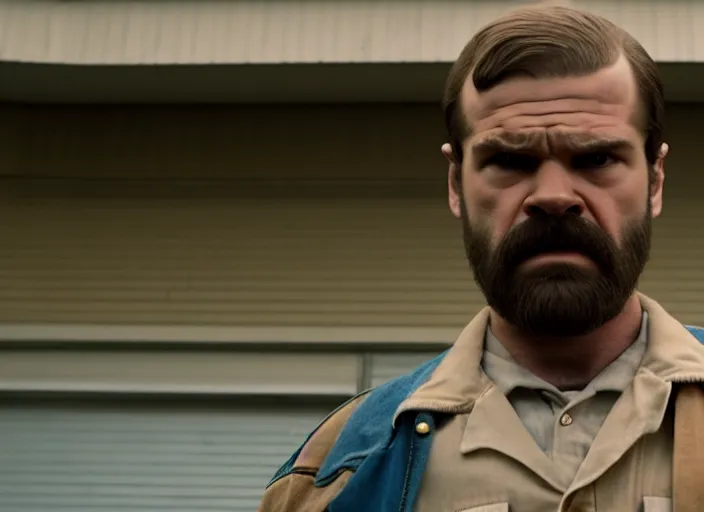 Image similar to film still of jim hopper as dustin henderson in stranger things, 8 k