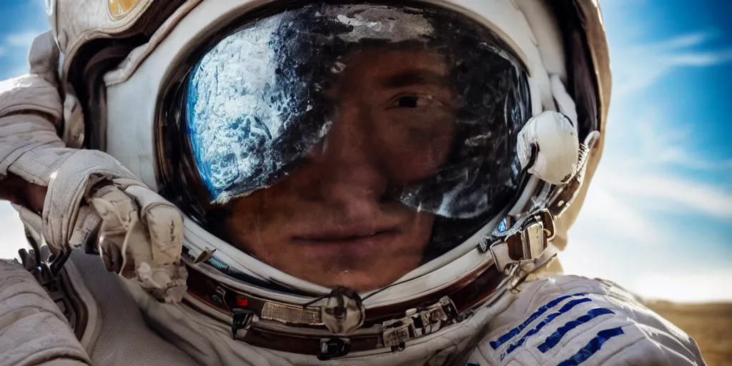 Prompt: closeup portrait photograph of an astronaut extreme sports dirt bike rider, helmet, human head, portrait, hyper realistic, highly detailed, retrofuturism