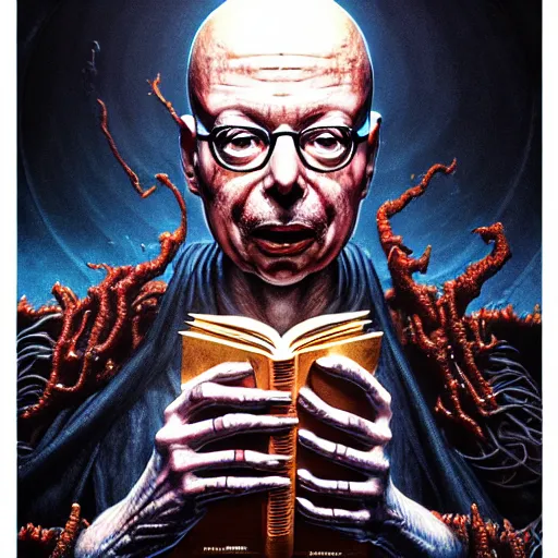 Prompt: uhd photorealistic dark scifi illustration of klaus schwab, reading necronomicon wearing bizarre voodoo makeup. cinematic lighting, intricate makeup, swirling ghosts, in the style of akira toriyama, beksisnski, amano and karol bak, evil, fantasy, hyperdetailed.