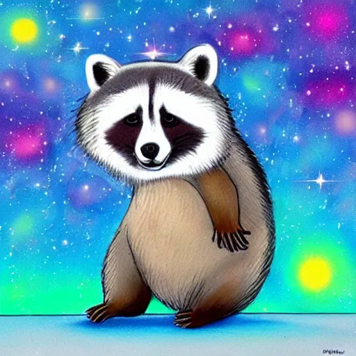 Image similar to fat raccoon skating through the cosmos, colorful