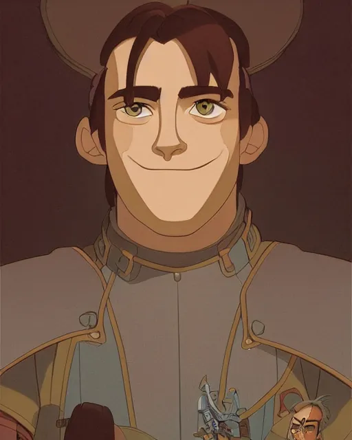 Image similar to portrait of a spanish conquistador, by daniel zrom and disney concept artists and masamune shirow and josan gonzales and studio ghibli, treasure planet movie still, treasure planet movie color scheme, symmetric, handsome