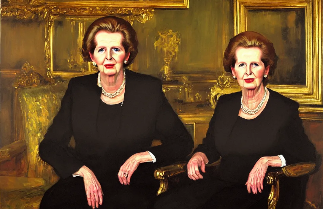 Image similar to portrait of margaret thatcher!!!!!!!!!!!!!!!!!!!!!!!!!!!, detailed face, detailed painting, detailed no. 1 0 downing street, epic lighting, by ilya repin and phil hale