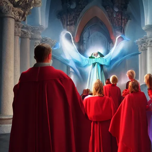 Image similar to octane render by mort kunstler and annie leibovitz and monia merlo, a line of people in colorful tunics receiving holy communion from a monstrous alien creature in a red cardinal robe, 4 d, 4 k, volumetric lighting, ray traced lighting, ultra - detailed