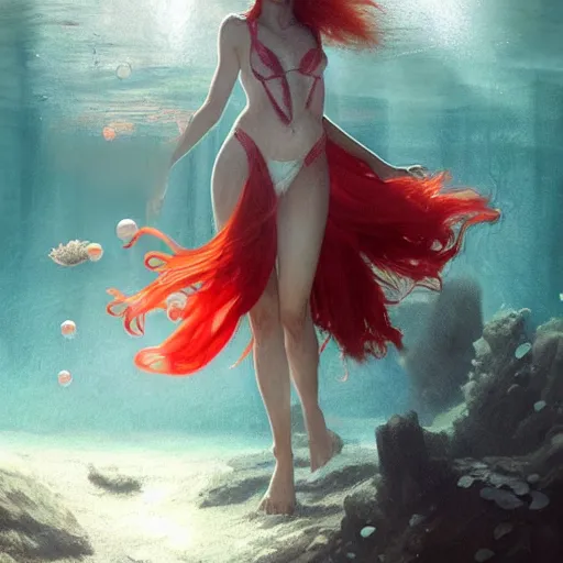 Prompt: a female red hair wearing see through white long dress under the water, bubble, underwater caustic, olive skinned, sumerian, d & d, highly detailed, digital painting, artstation, concept art, sharp focus, illustration, cinematic lighting, art by artgerm and greg rutkowski and alphonse mucha
