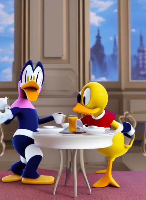 Image similar to jodie march and donald duck having tea at the ritz, octane render, cinematic, elegant, intricate, 8 k