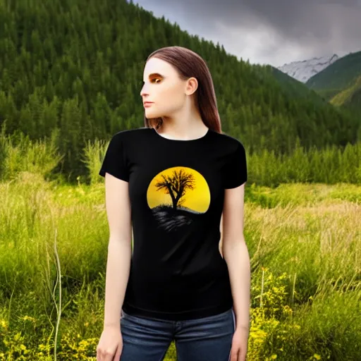 Prompt: clear photorealistic mockup product photograph of a blank black tshirt on an attractive female model in front of a nature background - h 7 0 4