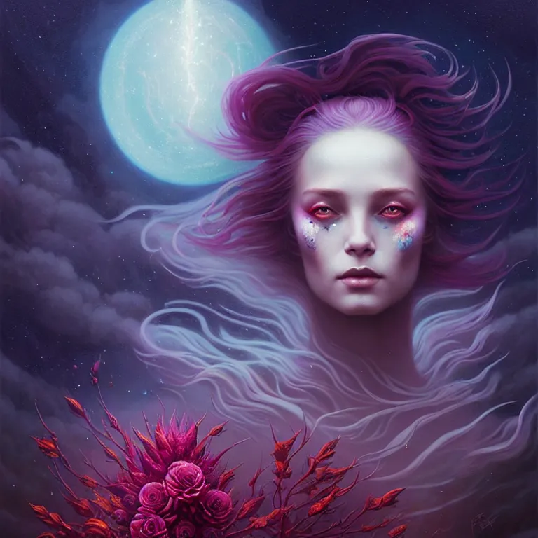 Image similar to skewed in the void of psychedelic, by by peter rohrabacher annatto finnstark. stunning luna goddess of flowers and edible plants, by charlie bowater tom bagshaw, detailed, space art. sparkling atom fractules of skulls and robots deep under the spine, fantasy, surrealist pop painting, and beeple and cgsociety