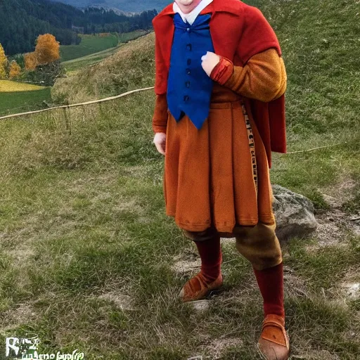 Image similar to ronald weasley, as a bavarian, enjoying the foothills, photo realistic, happy.